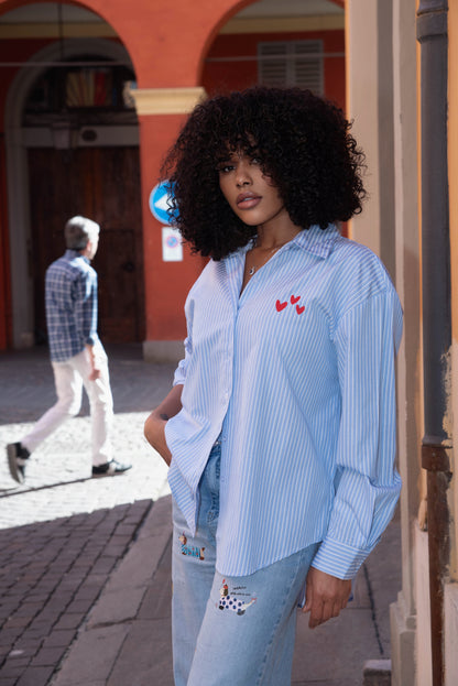 Camicia a righe con ricamo cuore -                          Azzurro