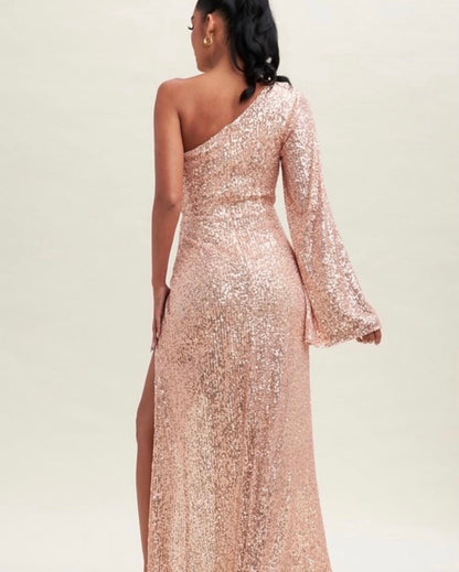 Abito lungo mono spalla in paillettes