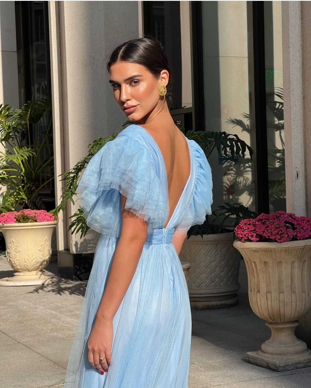 Abito lungo in tulle azzurro cielo