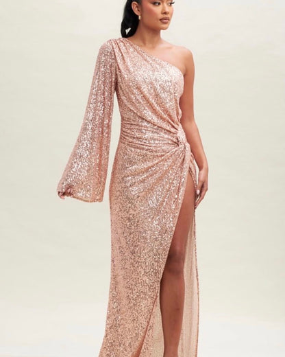 Abito lungo mono spalla in paillettes